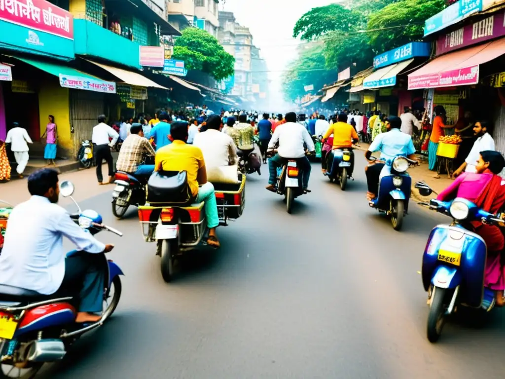 Un bullicioso día en Mumbai, India, llena de colores vibrantes y gente en su rutina diaria