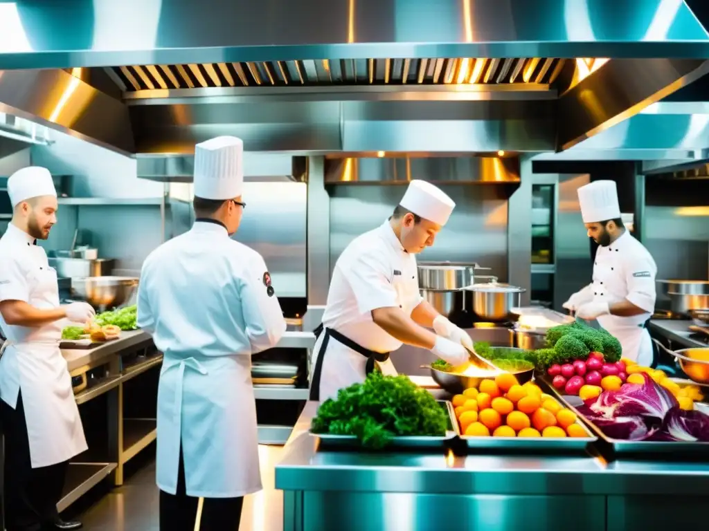 Un bullicioso y elegante restaurante con chefs preparando exquisitos platillos