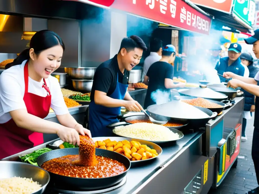 Un bullicioso escenario callejero en Seúl, Corea del Sur, captura la energía vibrante y el espíritu auténtico de la cultura de la comida callejera coreana