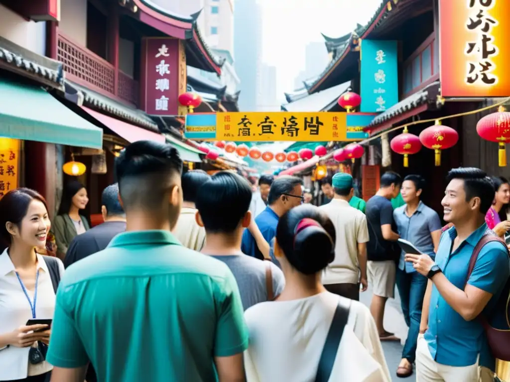 Un bullicioso escenario de ciudad asiática, con mercados, letreros coloridos y una mezcla de arquitectura moderna y tradicional