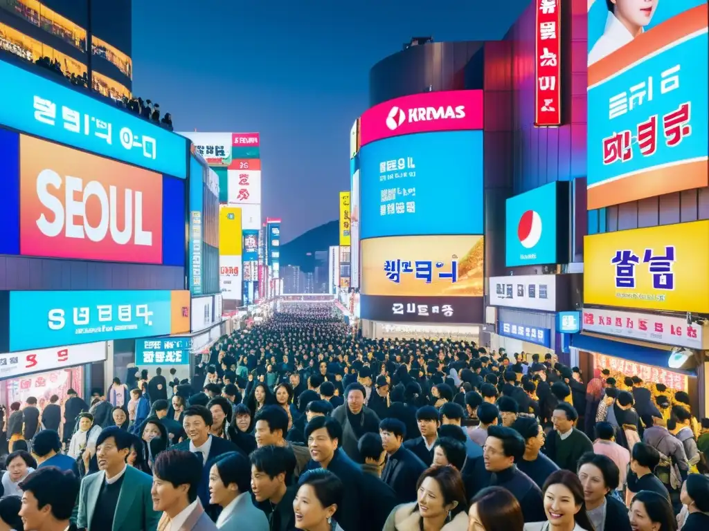 Un bullicioso escenario nocturno en Seúl, con vallas publicitarias de Kdramas y fans entusiastas, reflejando el crecimiento exponencial del Kdrama