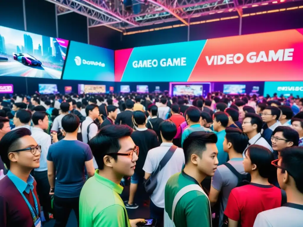 Un bullicioso evento de videojuegos en Asia con consolas asiáticas de vanguardia, multitud diversa y luces neón vibrantes