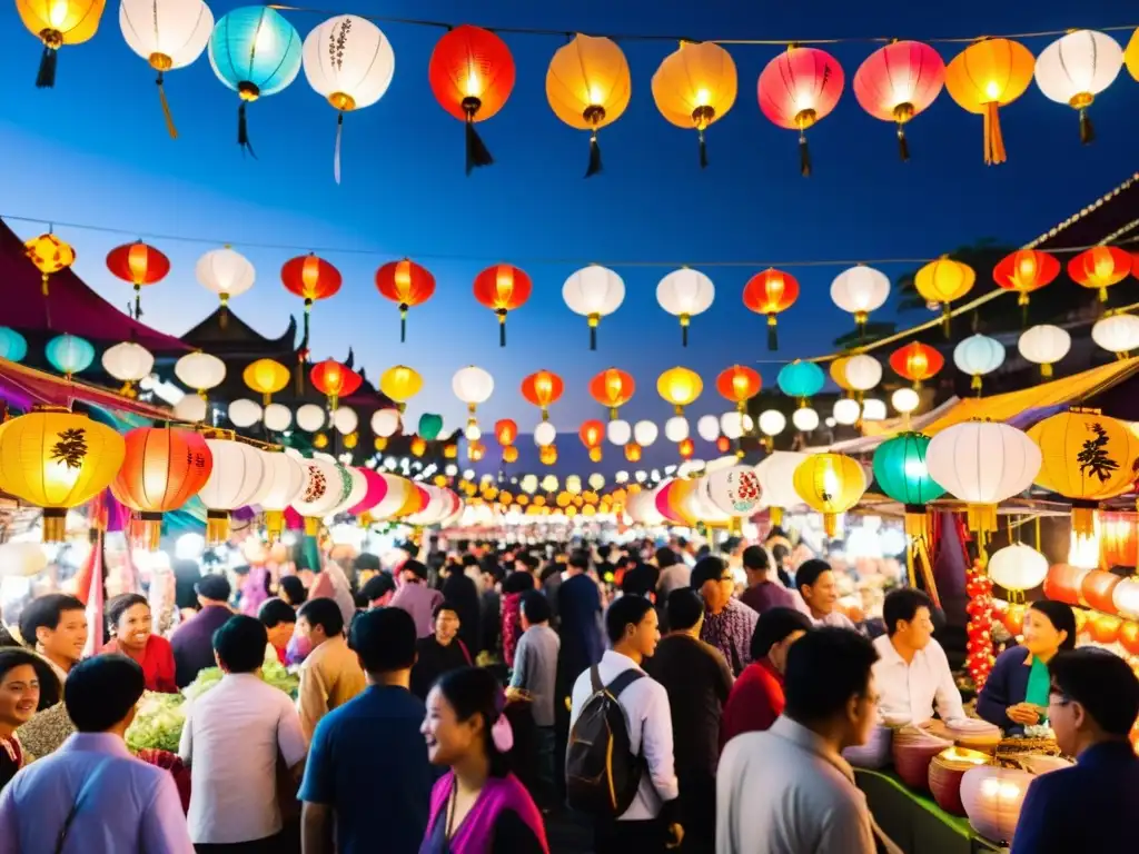 Un bullicioso festival de linternas asiáticas ilumina la noche con su cálido resplandor, entre puestos de artesanías y comida callejera