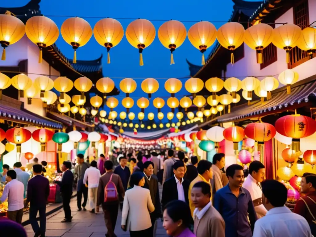 Un bullicioso festival de linternas asiáticas ilumina una animada calle de Asia con una atmósfera festiva y llena de color