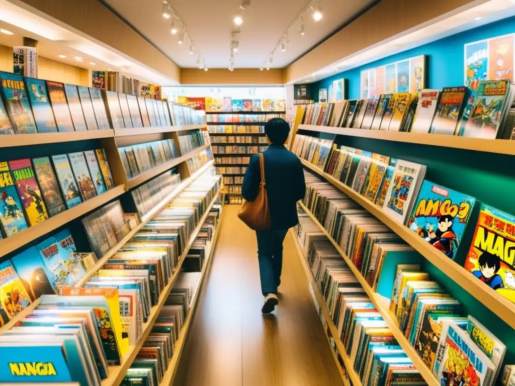 Tienda de manga en Tokio: diversidad y arte asiático Un bullicioso local de cómics en Tokio, Japón, con estantes repletos de manga y clientes explorando la extensa selección