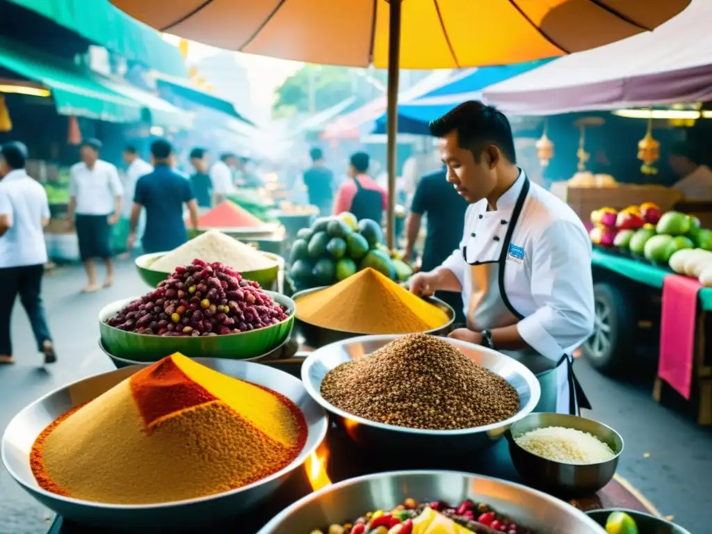 Un bullicioso mercado al aire libre en Bangkok, Tailandia, rebosante de frutas exóticas, especias aromáticas y puestos de comida callejera