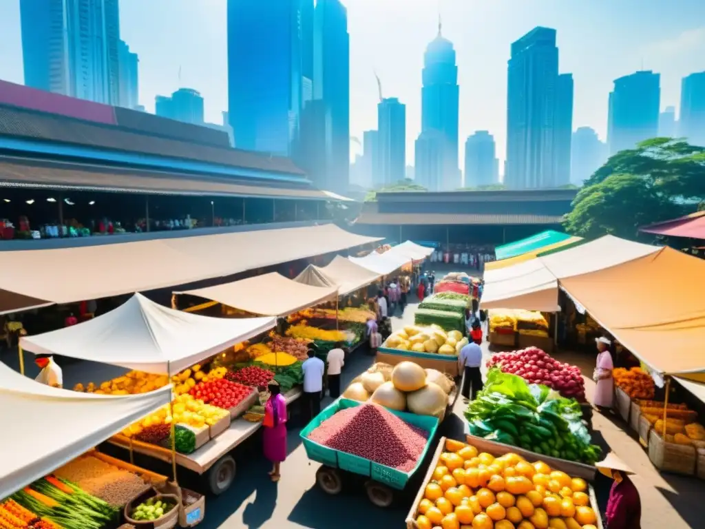 Un bullicioso mercado al aire libre en Asia, con coloridos puestos de comida y vendedores vestidos con trajes tradicionales