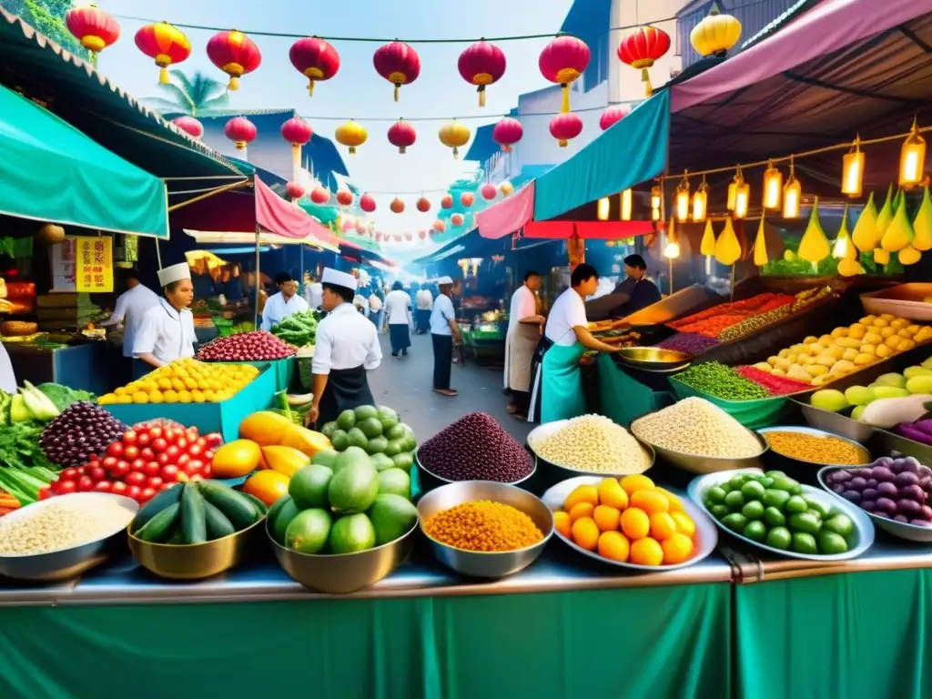 Un bullicioso mercado al aire libre en Asia, con exhibiciones vibrantes de frutas y verduras exóticas, puestos callejeros cocinando platos sizzling y chefs expertos preparando delicias tradicionales asiáticas, entre vistosos carteles y multitudes bulliciosas