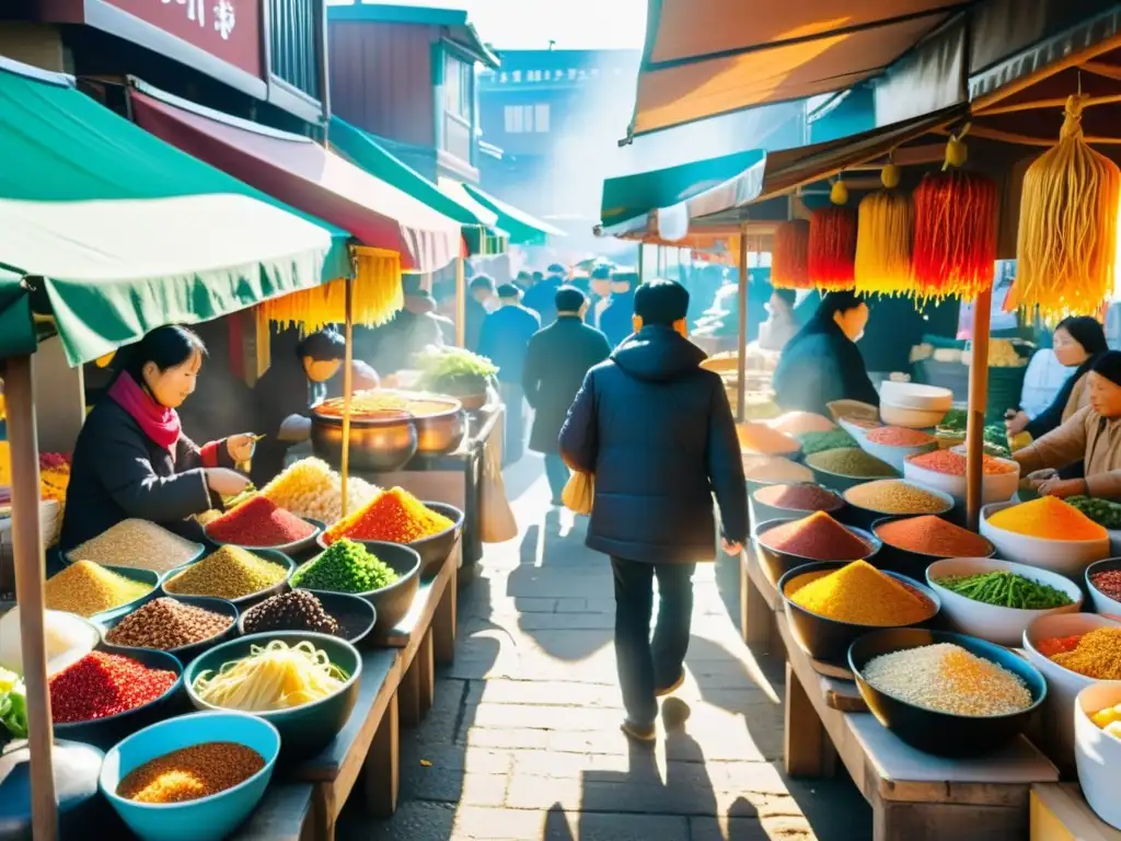 Un bullicioso mercado al aire libre en Corea del Sur, con vendedores y una variedad de ingredientes para ramyeon