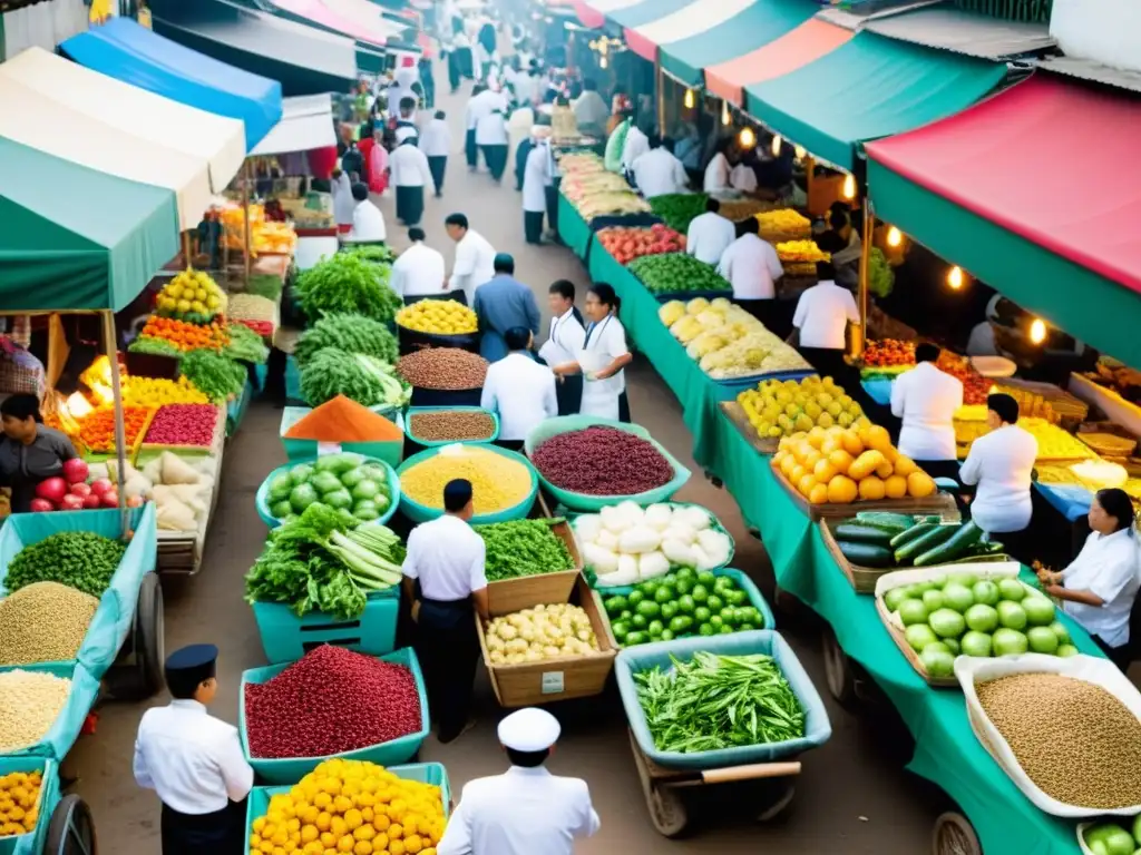 En un bullicioso mercado de alimentos al aire libre en Asia, chefs celebridades preparan platos mientras la multitud prueba delicias culinarias