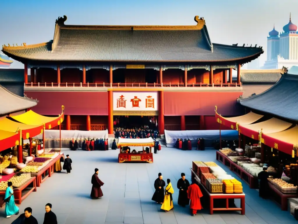 Un bullicioso mercado en la antigua China de la dinastía Yuan, desafío de gobernar China diversa, con mercaderes vendiendo sedas coloridas, especias exóticas y raros artefactos bajo la atenta mirada del imponente palacio imperial