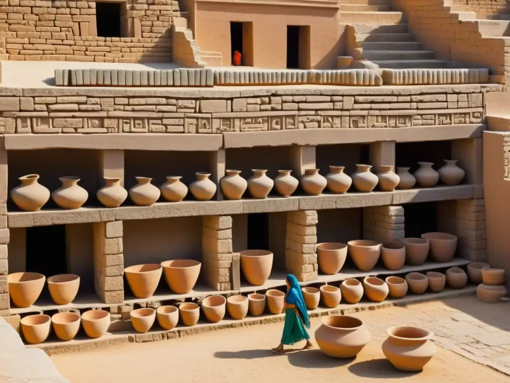 Un bullicioso mercado en la antigua ciudad de Mohenjodaro, con comercio en el Valle del Indo, alfarería, textiles y bullicio bajo el sol