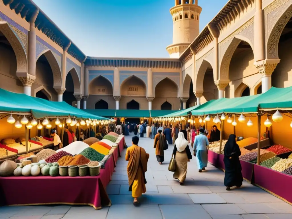 Un bullicioso mercado en la antigua Persia, reflejando la diversidad cultural y el impacto del Renacimiento de la Ruta de la Seda