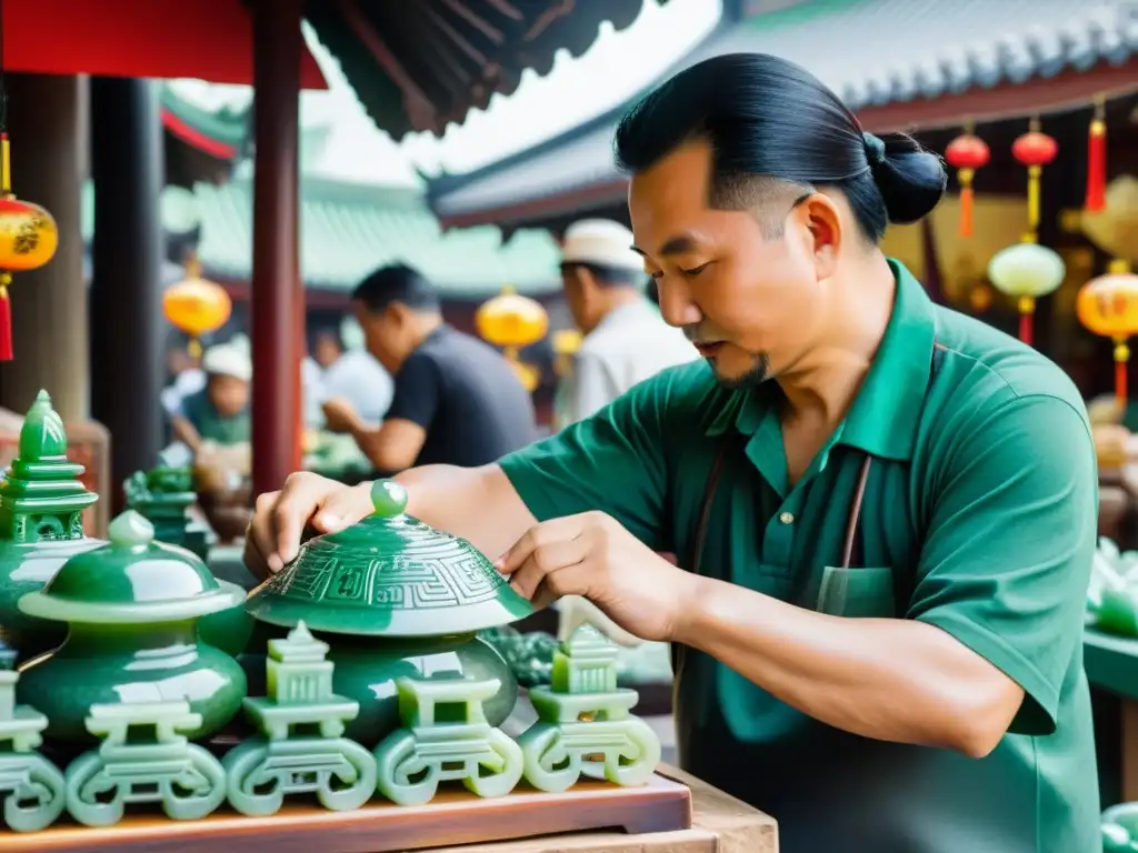 Un bullicioso mercado de antigüedades asiático exhibe piezas de jade de simbolismo y valor, mientras un artesano talla una escultura con maestría