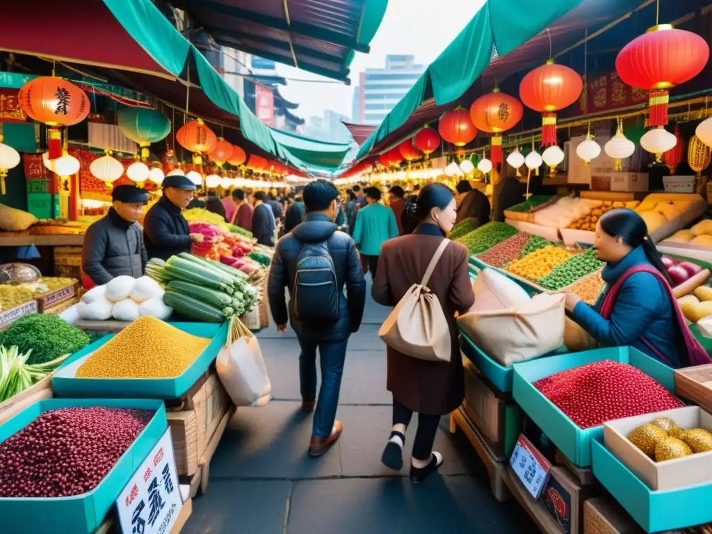 En un bullicioso mercado asiático, la interconexión asiática de dispositivos IoT se funde con tradiciones antiguas en un ambiente vibrante y colorido