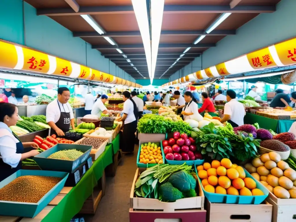 Un bullicioso mercado asiático con chefs asiáticos, cocina de lujo sostenible y vibrante ambiente culinario