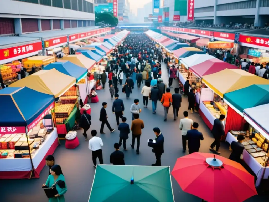 Un bullicioso mercado asiático de electrónica con vibrantes gadgets para escuchar música y una multitud diversa