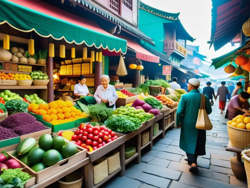 En un bullicioso mercado asiático, se venden frutas, verduras y hierbas