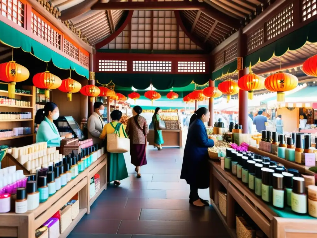 Un bullicioso mercado asiático con productos de belleza tradicionales y vendedores vestidos con atuendos coloridos