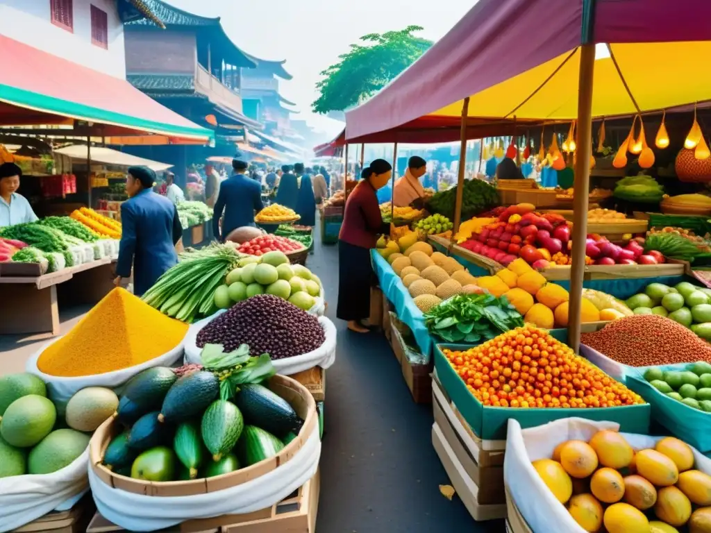 Un bullicioso mercado asiático con propiedades curativas cultivos asiáticos en exhibición, colores vibrantes y aromas fragantes