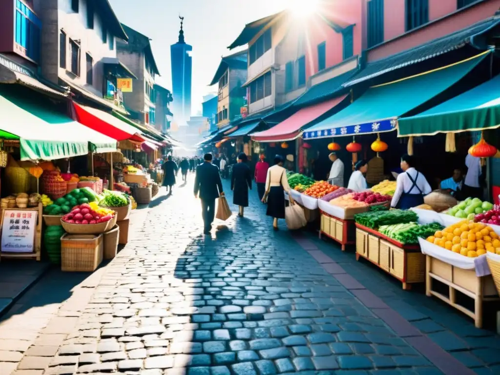 Un bullicioso mercado asiático con puestos de frutas y verduras coloridos, tiendas de ropa tradicional y compradores y vendedores ocupados