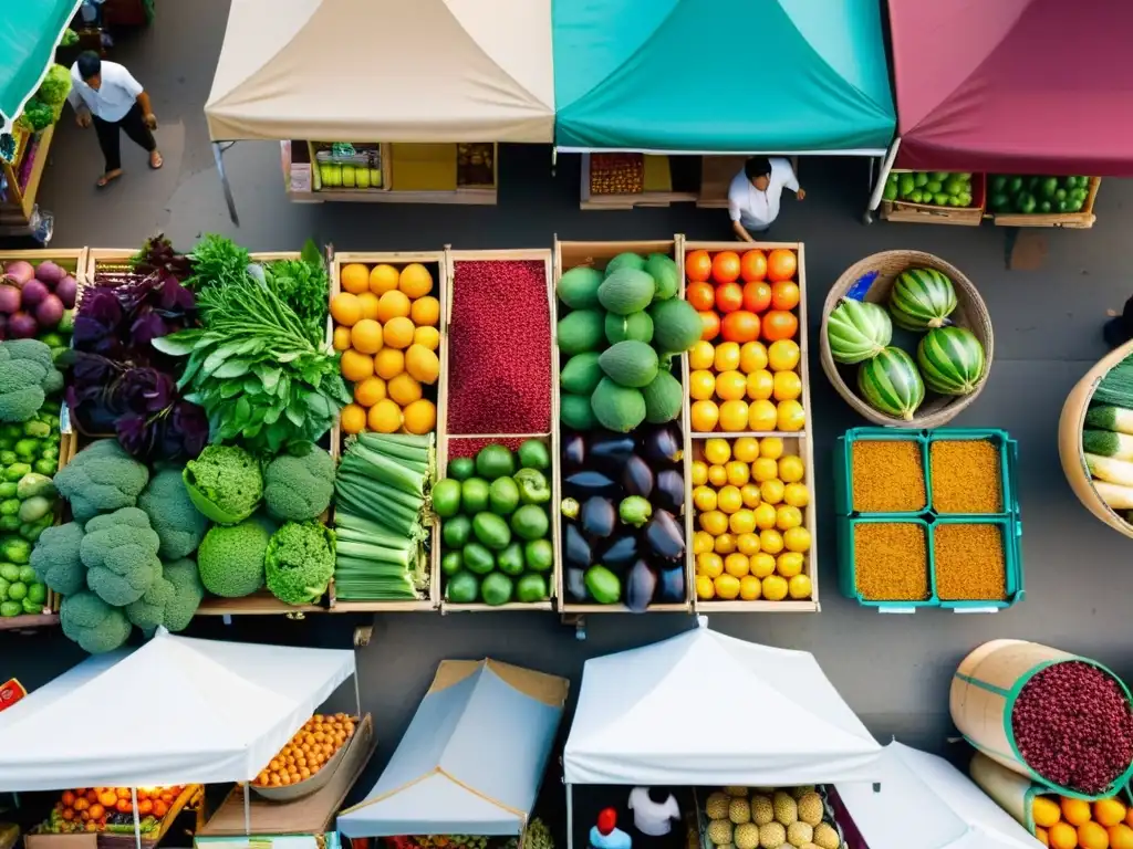 Un bullicioso mercado asiático rebosante de frutas y verduras coloridas