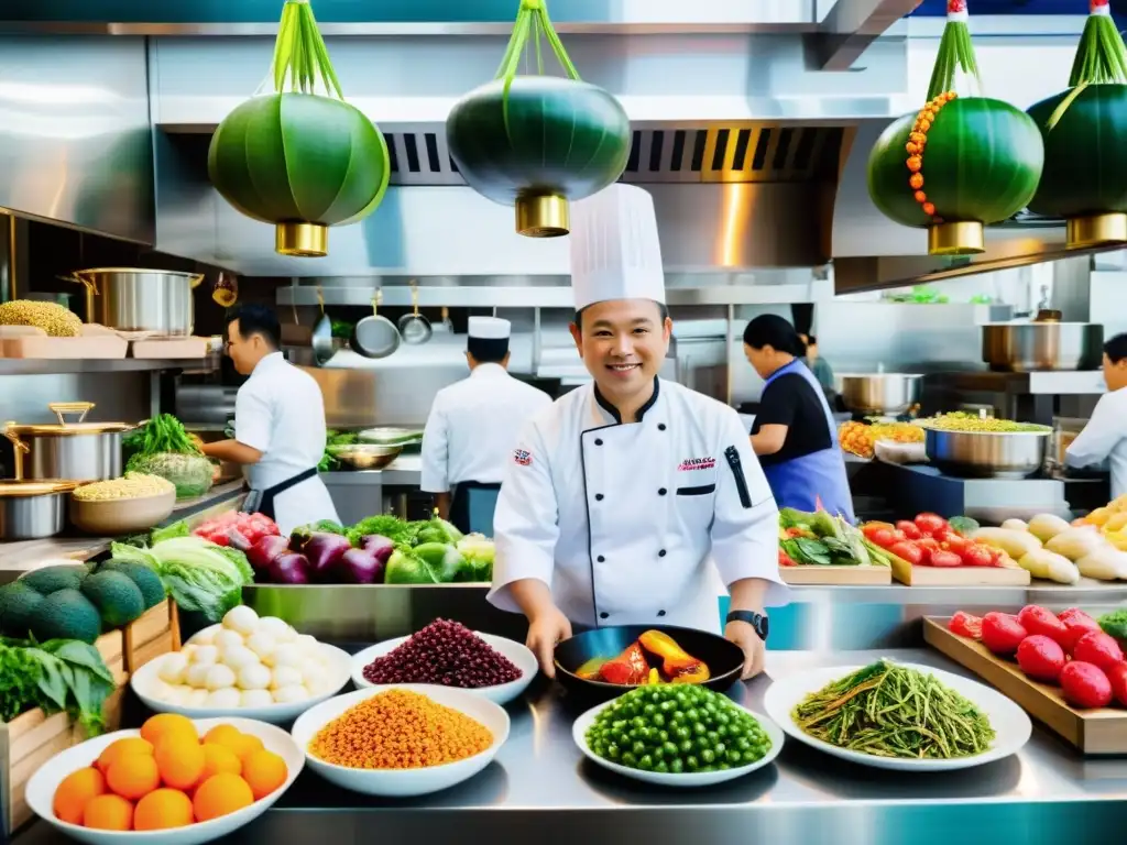 Un bullicioso mercado asiático rebosante de colores y sabores, donde la innovación tecnológica se fusiona con la tradición culinaria