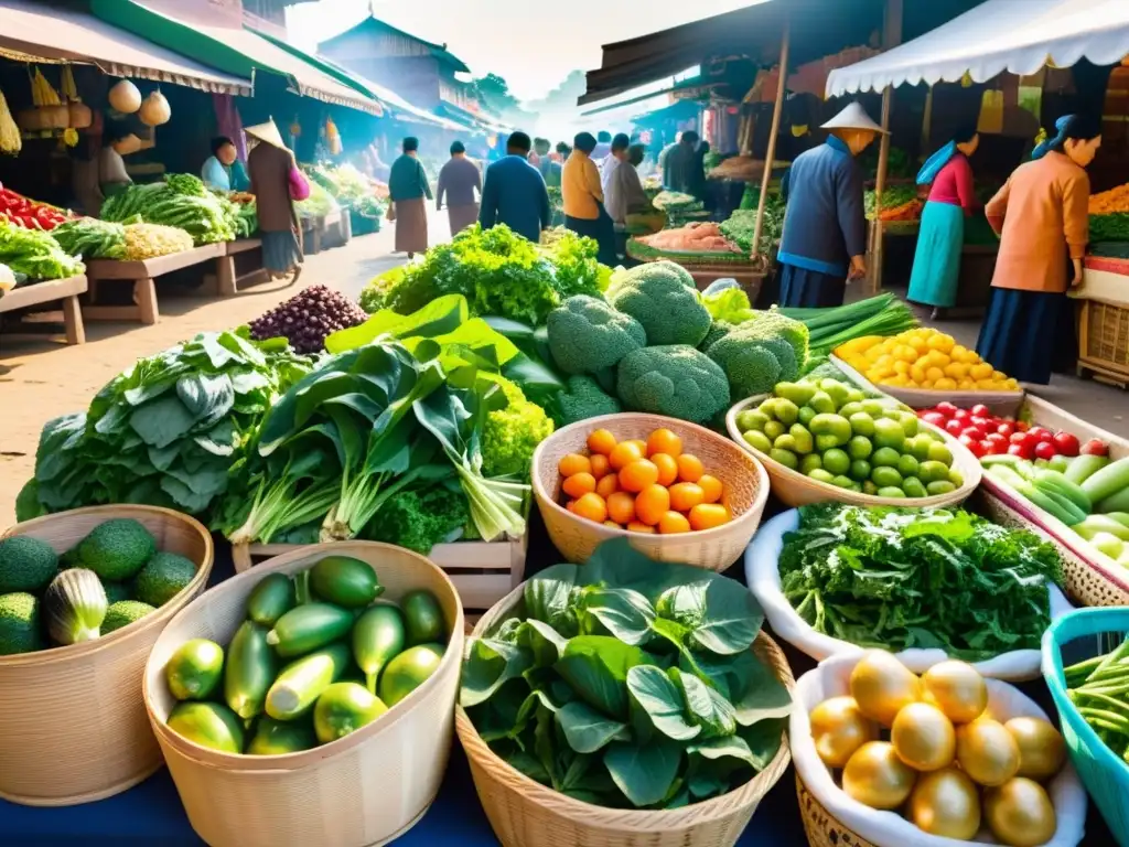 Un bullicioso mercado asiático rebosante de verduras frescas y coloridas, resplandeciendo bajo la cálido sol