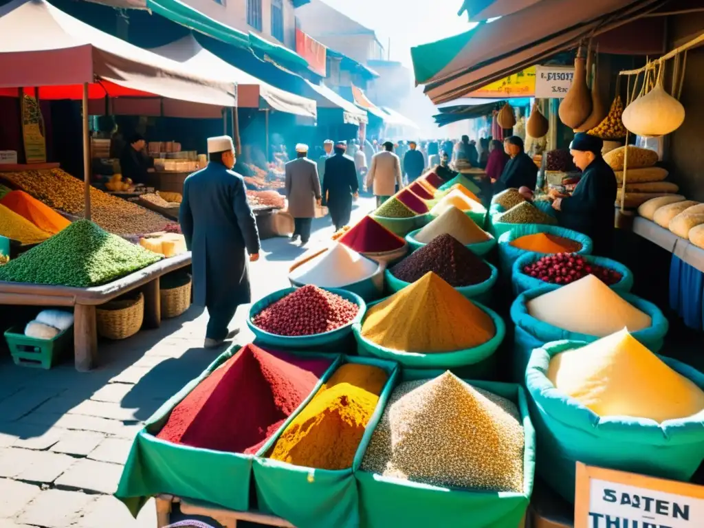 Un bullicioso mercado callejero en Asia Central, con vendedores que ofrecen una colorida variedad de especias, frutas y comidas exóticas