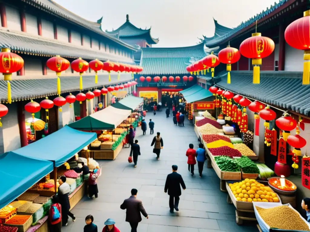 Un bullicioso mercado callejero en Xi'an, China, rebosante de especias exóticas, productos frescos y comida callejera tradicional