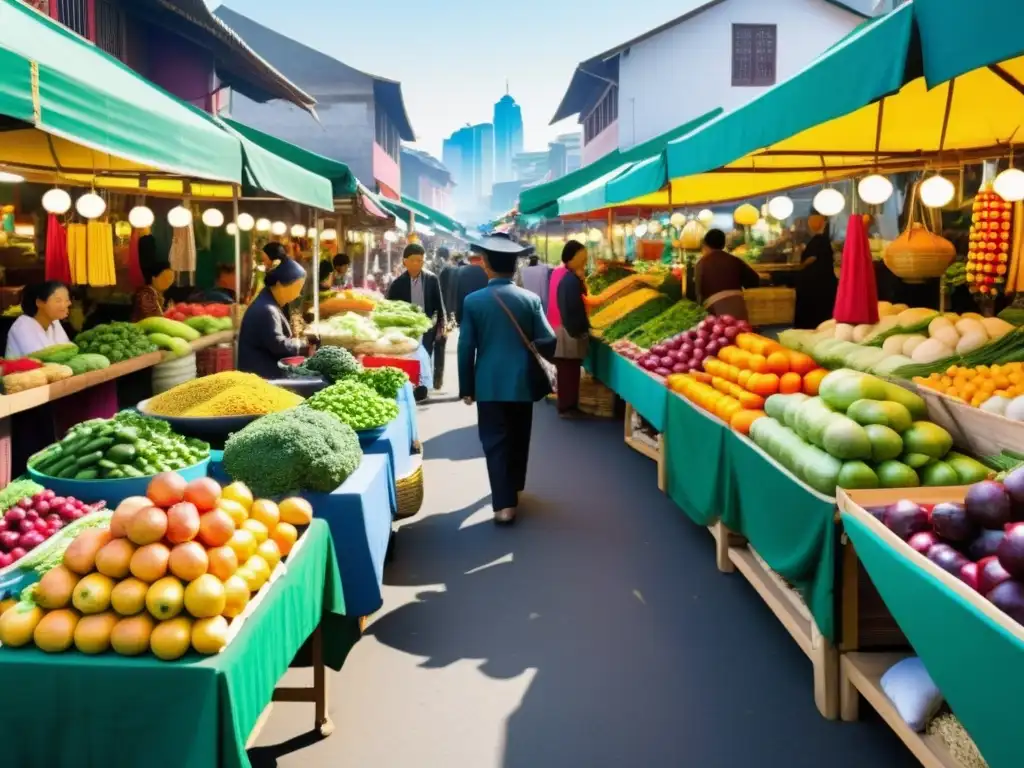 Un bullicioso mercado callejero en una ciudad asiática moderna, con minorías étnicas intercambiando cultura y comercio