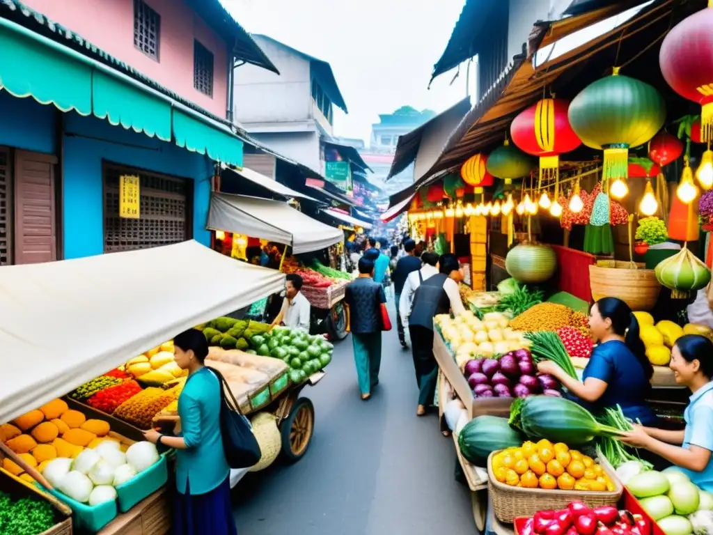 Un bullicioso mercado callejero en una ciudad asiática, con colores vibrantes y una mezcla de tradición y modernidad