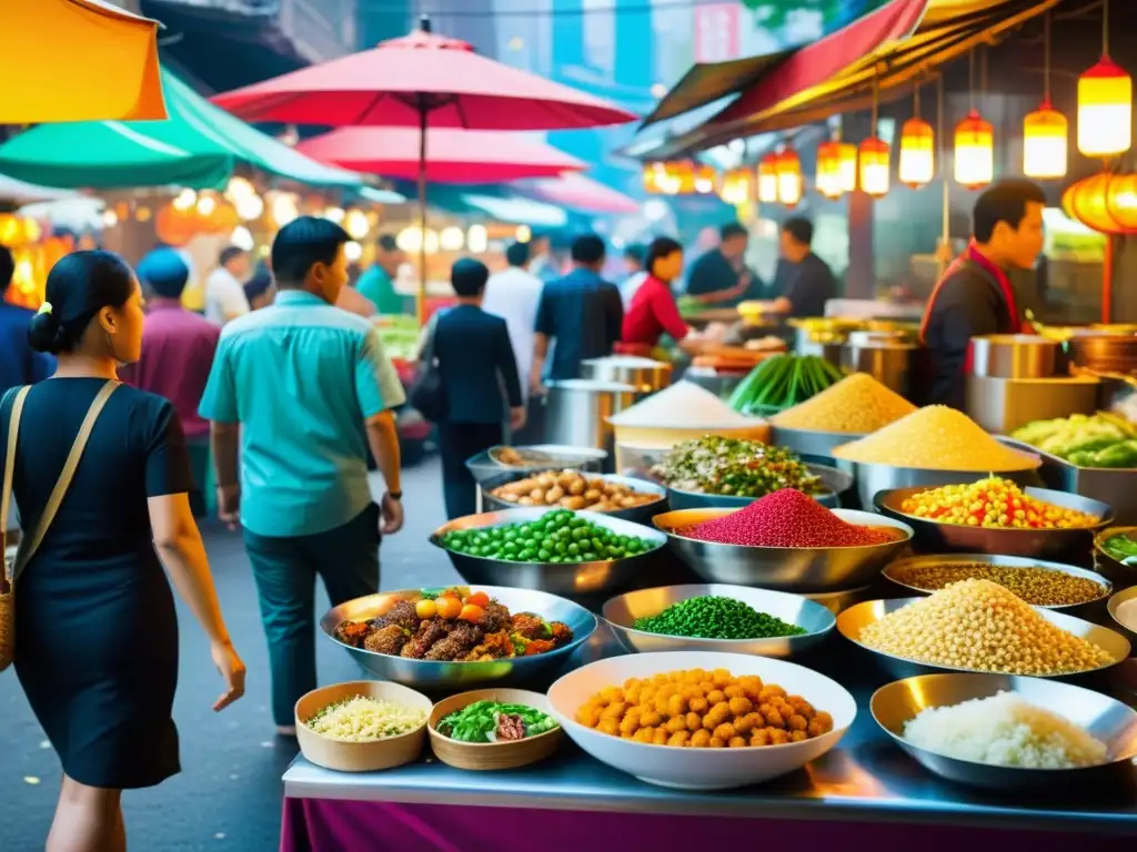 Un bullicioso mercado callejero de comida en Asia, con una variedad colorida de platos tradicionales e innovadores