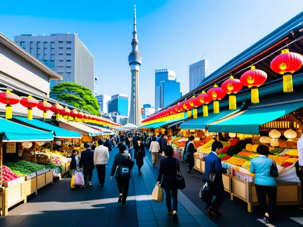 Un bullicioso mercado callejero en Tokio, Japón, con faroles coloridos, puestos de madera y multitudes