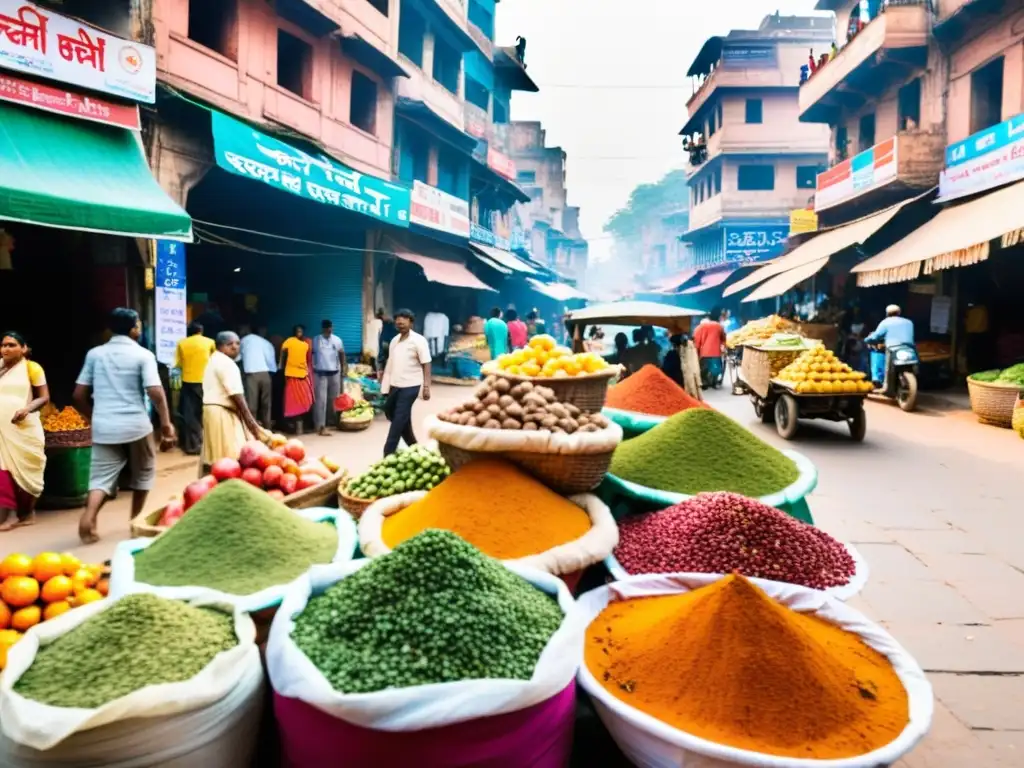 Un bullicioso mercado callejero en Varanasi, India, con una diversidad de personas