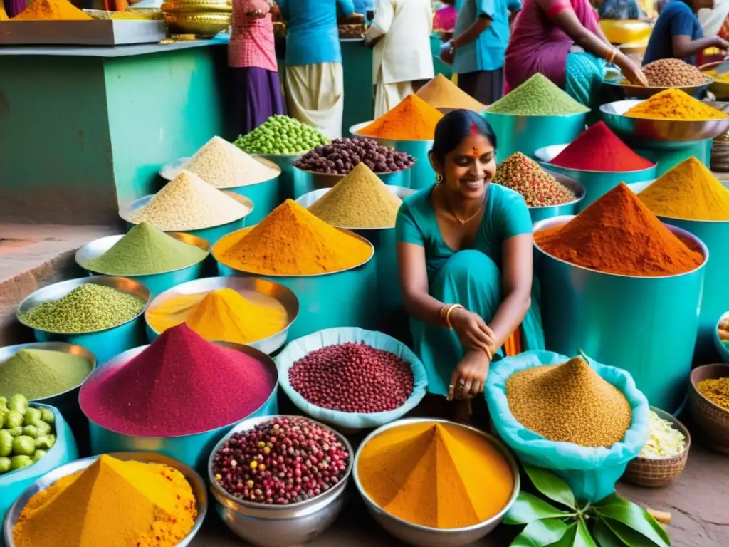 Un bullicioso mercado callejero en la India, repleto de especias coloridas, frutas exóticas y ofrendas hindúes tradicionales