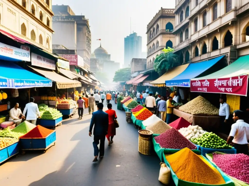 Un bullicioso mercado callejero en Mumbai, India, bañado por la cálida luz de la tarde