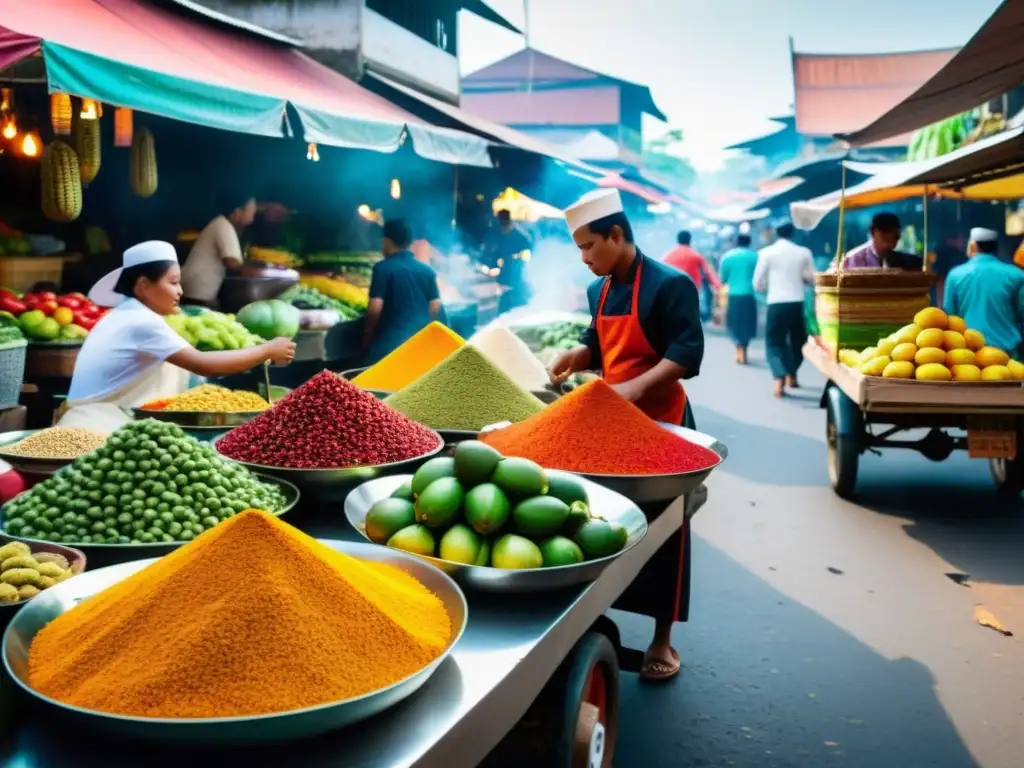 Un bullicioso mercado callejero en Indonesia, repleto de puestos de frutas exóticas, especias y comida callejera