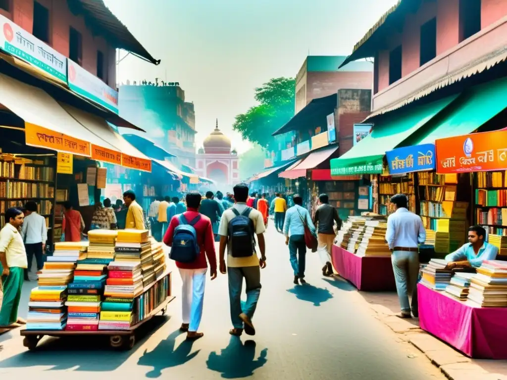 Un bullicioso mercado callejero en Nueva Delhi, India, lleno de coloridos puestos de libros y ávidos lectores