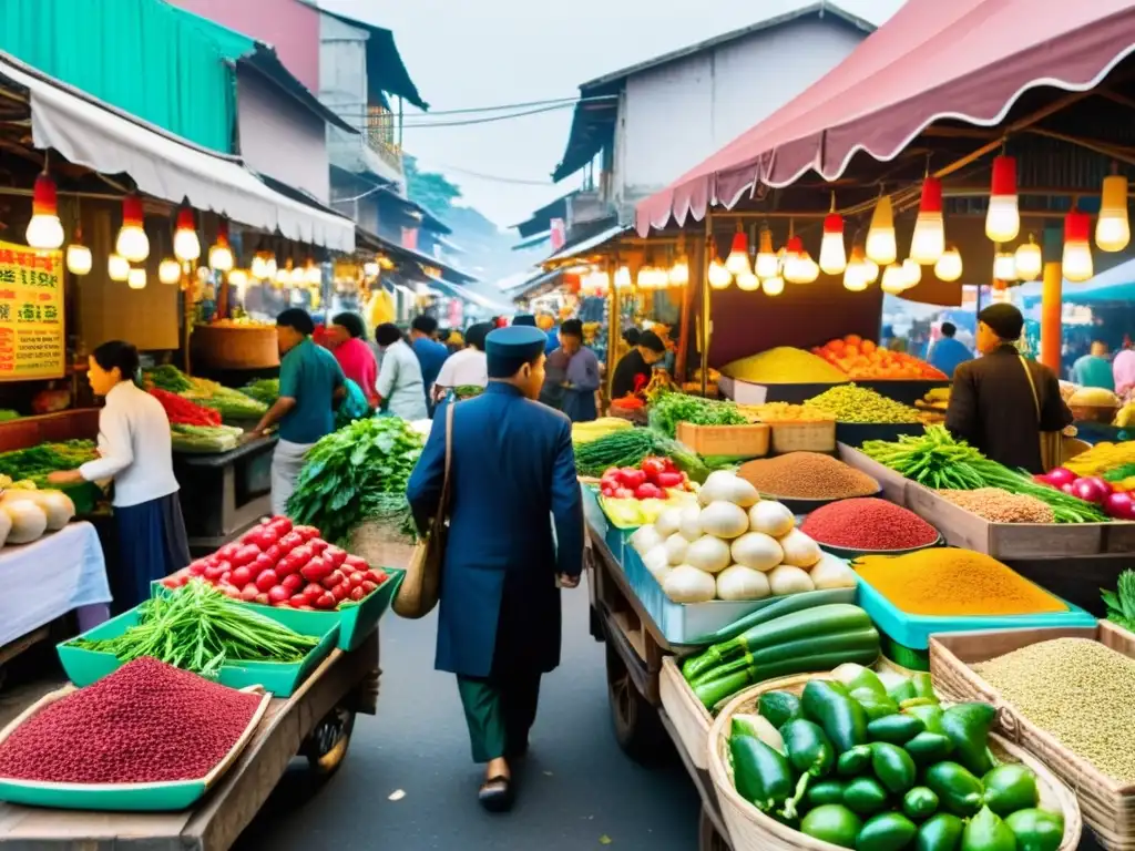 El bullicioso mercado callejero de Asia rebosa con puestos vibrantes de productos frescos, especias fragantes y utensilios de cocina tradicionales