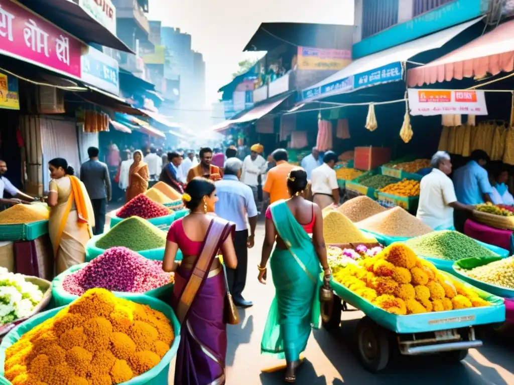 Un bullicioso mercado callejero en Mumbai, India, rebosante de colores, aromas y vida, capturando el romance en el cine indio