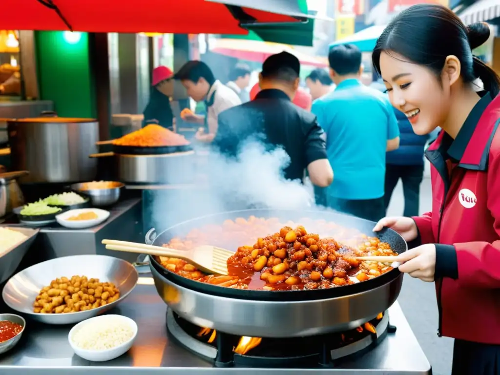 Un bullicioso mercado callejero en Seúl, Corea del Sur, con un vendedor preparando topokki en un wok