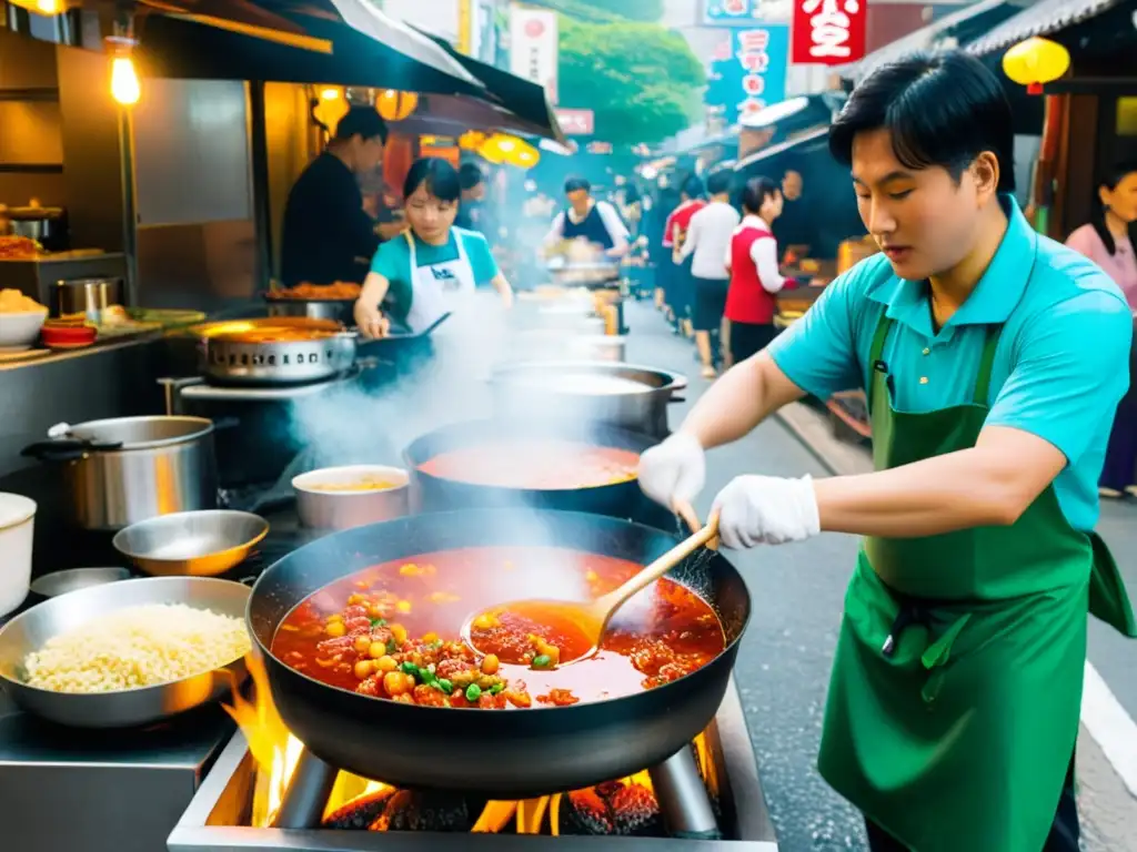 Un bullicioso mercado callejero en Corea del Sur con vendedores y gente disfrutando de topokki comida callejera coreana