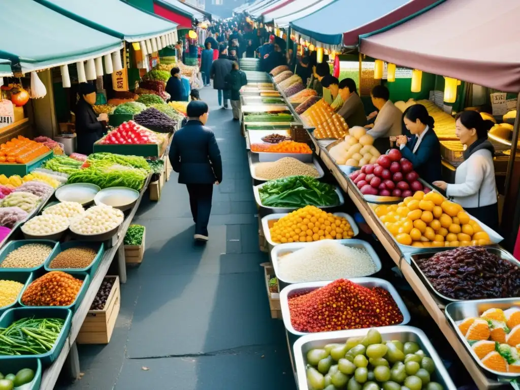 Un bullicioso mercado callejero en Seúl, Corea del Sur, lleno de vida, colores y cultura