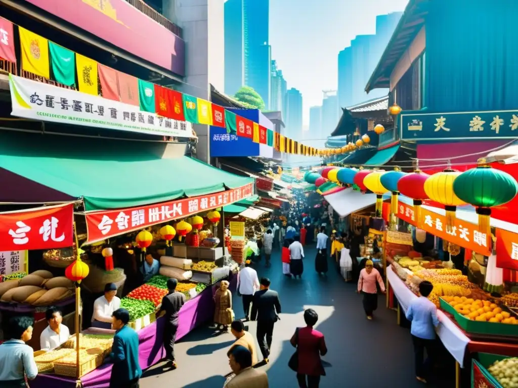 Un bullicioso mercado callejero en una vibrante ciudad asiática, con una mezcla de elementos modernos y tradicionales