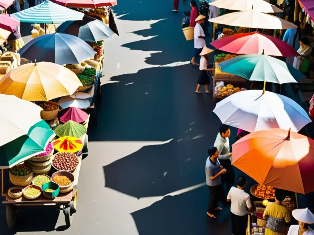 Un bullicioso mercado callejero en una vibrante ciudad asiática, llena de colores y energía