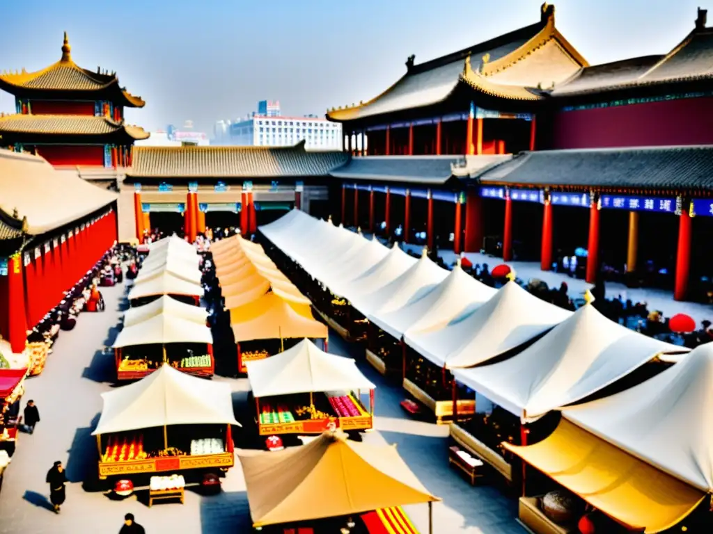 Un bullicioso mercado en Chang'an, la capital de la Dinastía Tang, reflejando el impacto de la Ruta de la Seda en la China antigua