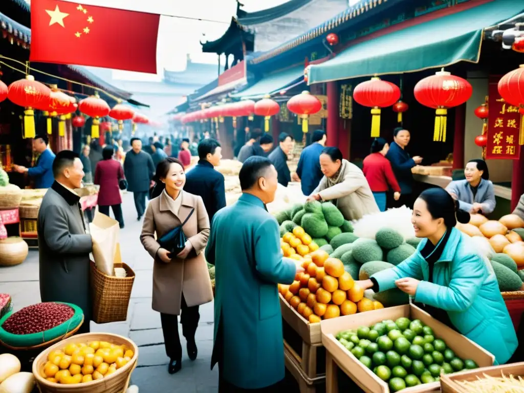 Un bullicioso mercado chino, reflejando la aplicación del arte de la guerra en negocios chinos con energía y estrategia comercial