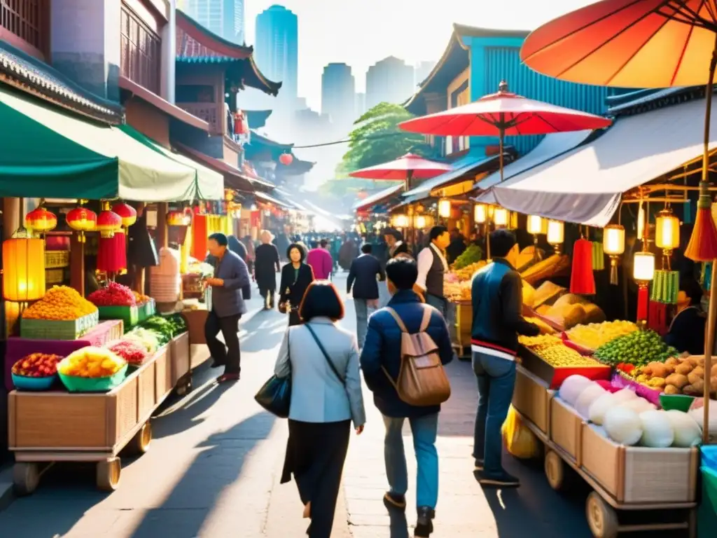 Un bullicioso mercado en una ciudad asiática vibrante, con puestos de colores y una multitud diversa