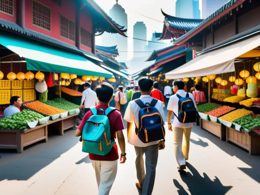 Un bullicioso mercado en una ciudad asiática, con personas portando mochilas solares innovadoras